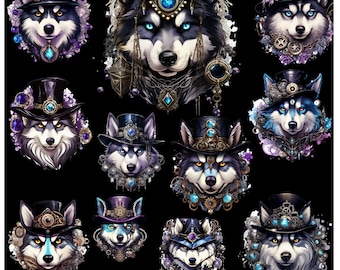 Witchy Mystical Steampunk Husky Dog with Crystals and Clocks Clip Art Bundle of 12