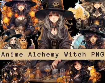 Anime Steampunk Hermetic Witch with Crystals and Alchemy Tools 8-Pack PNG Bundle for Unique Creations