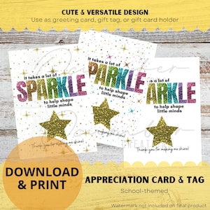 Waarderingskaart voor leraar en personeel, cadeaukaartje, cadeaukaarthouder | Er is veel sprankeling nodig om Little Minds vorm te geven | Afdrukbare download