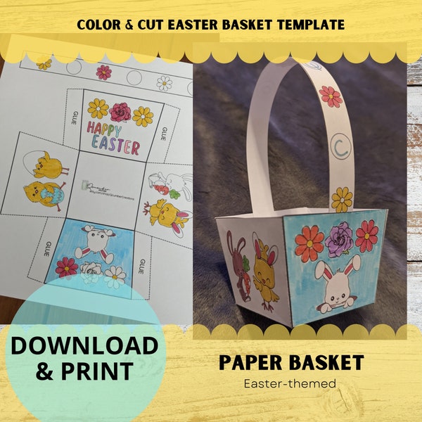 Cute Paper Easter Basket Template | Color, Cut, & Glue | DIY Paper Easter Basket | Printable | Instant Download