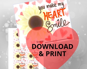 Sunflower Valentine Card or Gift Tag | You Make My Heart Smile | Class Valentine Exchange | Printable | Instant Download