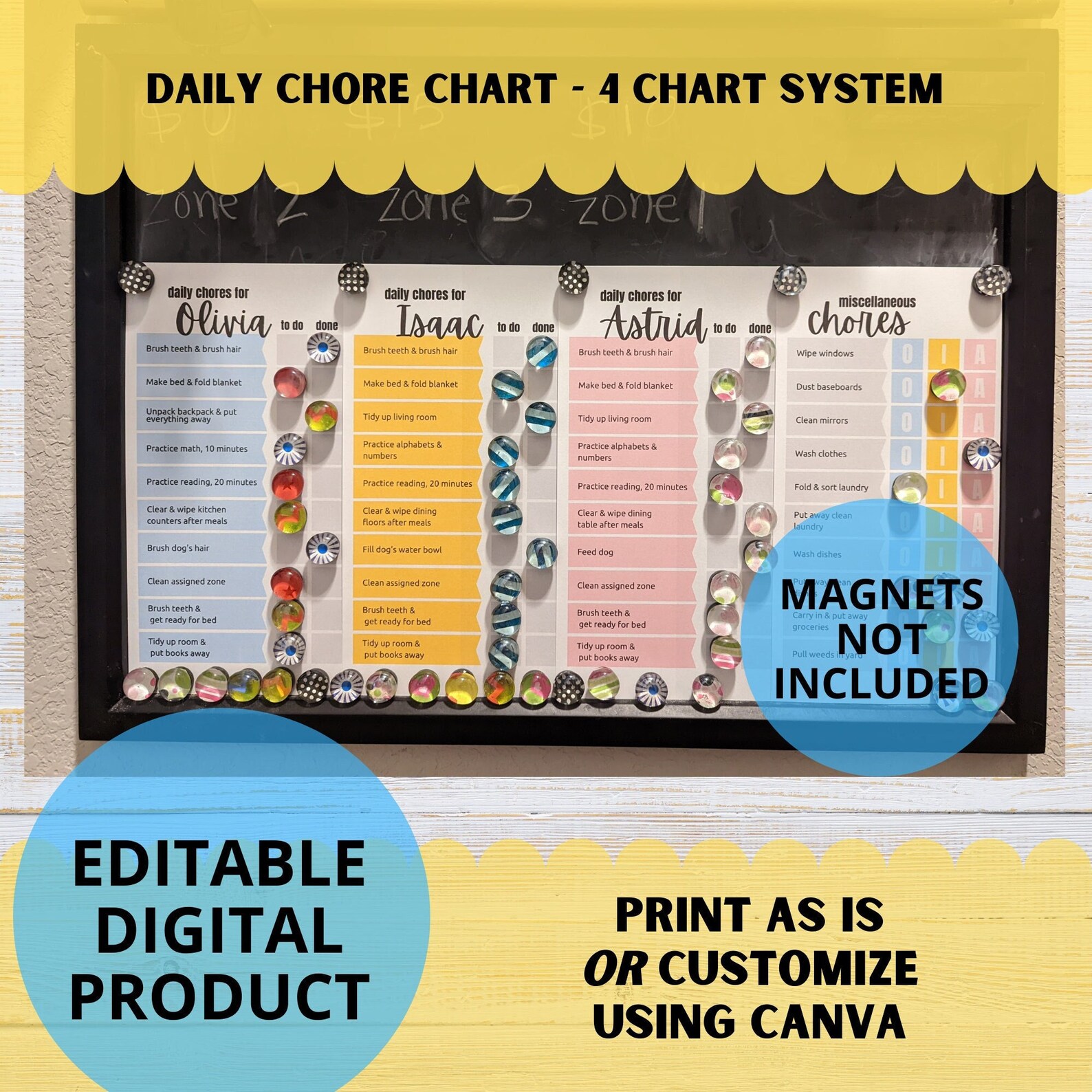 4 Daily Chore Chart System 3 Kids, 1 Shared 4 Kids, No Shared Printable ...