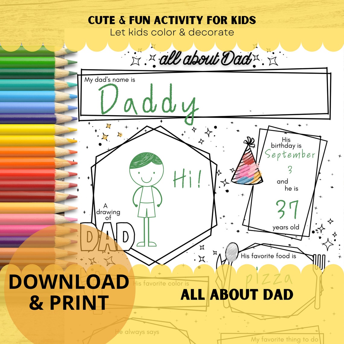 All About Dad Fill in the Blank Template Full Color & Coloring Page ...