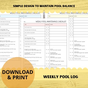 Liste de contrôle hebdomadaire pour l'entretien de la piscine | Journal du solde de la piscine | Journal chimique pour piscine | Imprimable | Téléchargement numérique