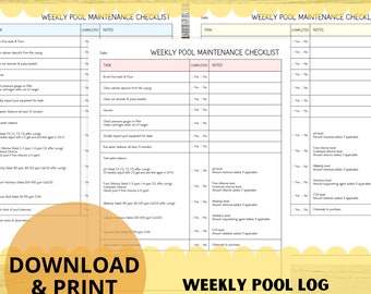 Weekly Pool Maintenance Checklist | Pool Balance Journal | Pool Chemical Log | Printable | Digital Download
