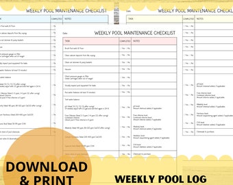 Lista de verificación semanal para el mantenimiento de la piscina / Diario de equilibrio de la piscina / Registro de sustancias químicas de la piscina / Imprimible / Descarga digital