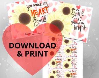 Sunflower Valentine Cards or Gift Tags | Make My Heart Smile | Shine Wild & Bright | Class Valentine Exchange | Printable | Instant Download