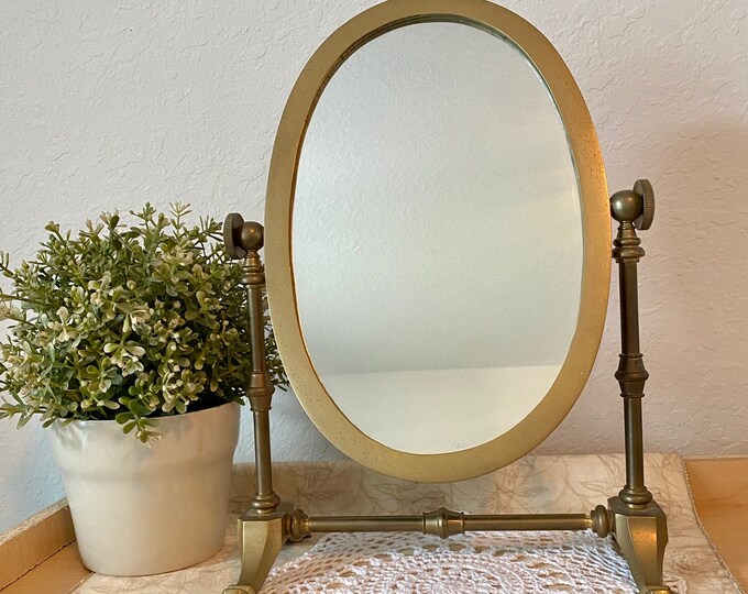 Vintage Brass Vanity Mirror, Brass Swivel Table Mirror, Oval Vanity