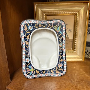 Vintage Blue Floral Bird Porcelain Frame | Porcelain Picture Frame | Cottagecore Decor | Romantic Vanity or Tabletop Display