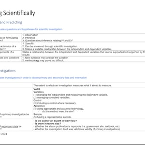 以下が含まれることがあります： 「科学的に働く」というタイトルの白黒のハンドアウトと、質問と予測、調査の計画、妥当性に関するテキスト。ハンドアウトには、妥当性の定義と、一次調査と二次調査の妥当性を確保する方法を示す表が含まれています。
