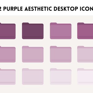 May include: Twelve purple aesthetic desktop icons in the shape of folders. The folders are arranged in three rows of four. The folders are different shades of purple, from dark to light.