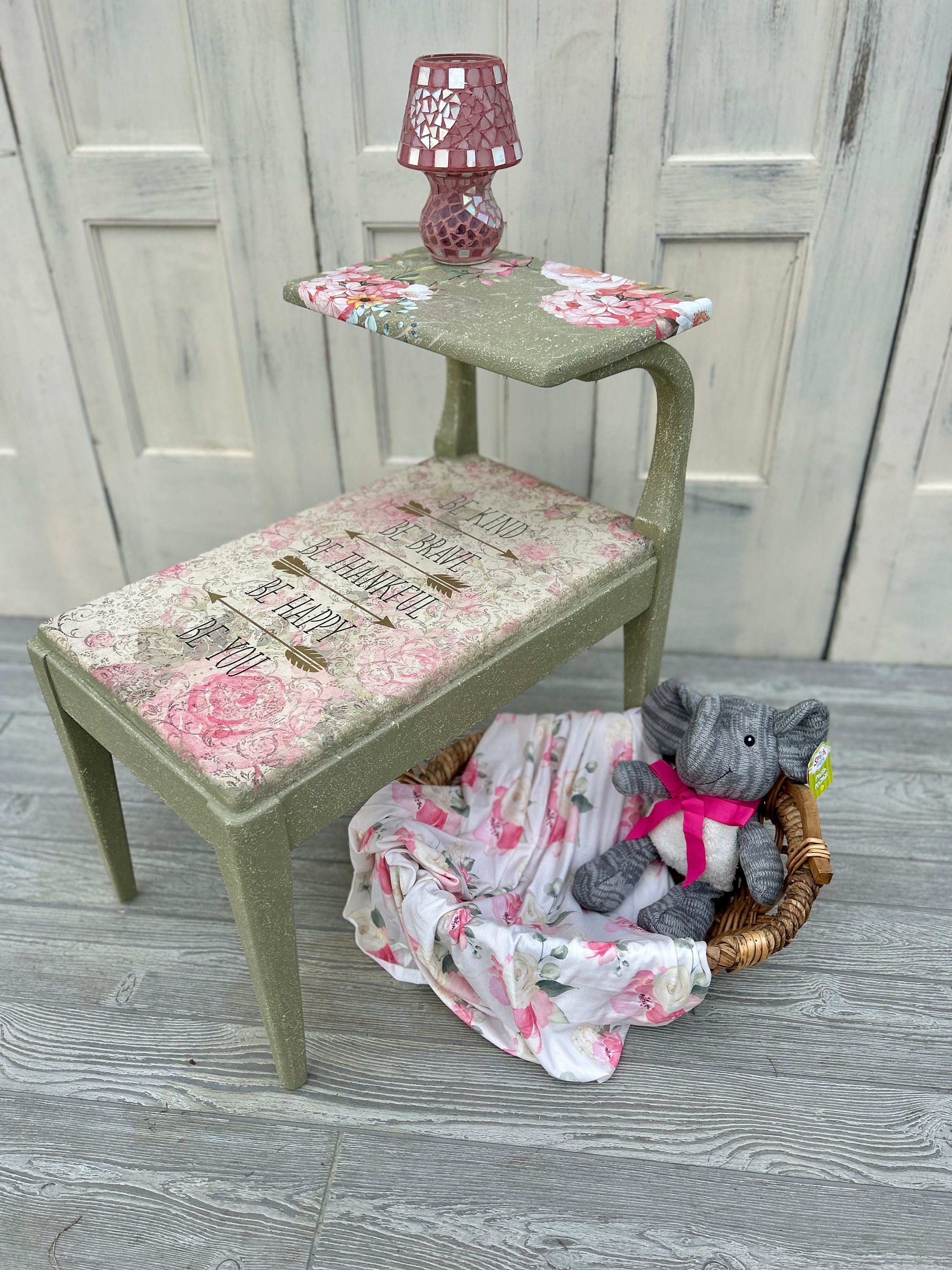 Vintage Pink Nursery Side Table, Floral Pink Toile End Table, Vintage ...