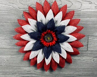 Burlap Sunflower Wreath, Patriotic Wreath, Americana Wreath, Farmhouse patriotic decor, American Flag, Patriotic Door Hanger,