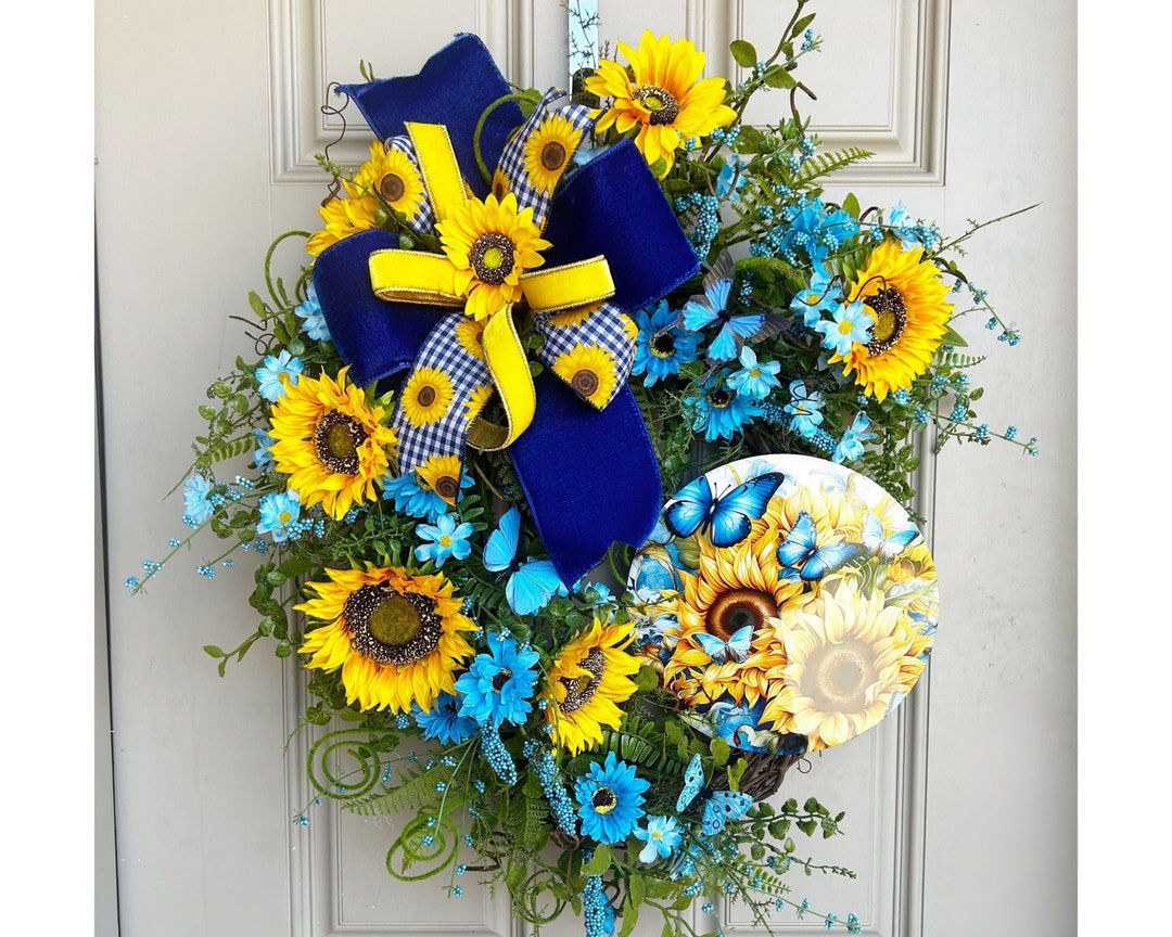 Handcrafted Sunflower Grapevine Wreath With Ribbon, Seasonal Front Door ...