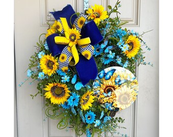 Handcrafted Sunflower Grapevine Wreath with Ribbon, Seasonal Front Door Wreath, Large floral grapevine wreath, spring mantle decoration