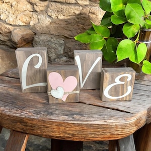Rustic LOVE Shelf Sitter Blocks, Farmhouse Decor, Handmade Valentines Gift, Distressed Wooden Love Sign, Romantic Home Accent, Wedding Decor
