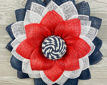 Burlap Flower Wreath, Patriotic Wreath, Americana Wreath, Farmhouse patriotic decor, American Flag, Patriotic Door Hanger, Red White and Blu