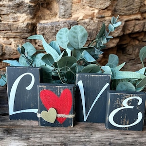 Rustic LOVE Shelf Sitter Blocks, Farmhouse Decor, Handmade Valentines Gift, Distressed Wooden Love Sign, Romantic Home Accent, Wedding Decor