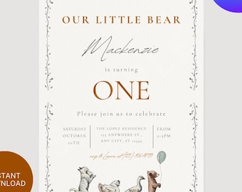 Little Bear Birthday Invitation: Vintage Cottagecore Theme (5x7 Editable Template)