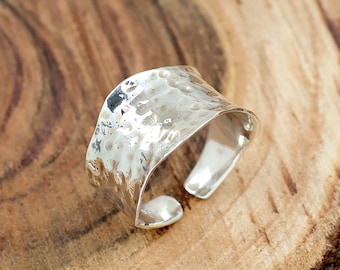 Handmade Hammered Sterling Silver Cuff Ring - Adjustable Textured Band