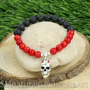 Skull Charm Bracelet: Red Coral & Lava Stone, Sterling Silver