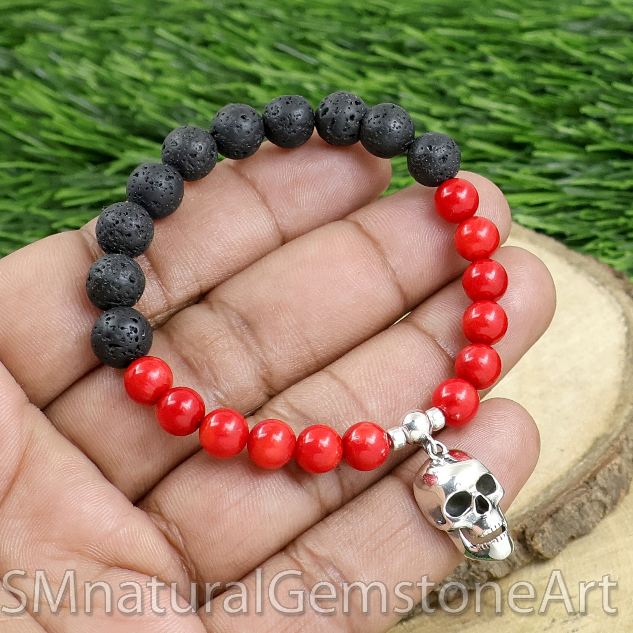 Skull Charm Bracelet: Red Coral & Lava Stone, Sterling Silver - Etsy