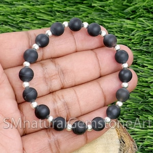 Armband matzwarte onyx: 925 sterlingzilveren kralen, uniseks stretch