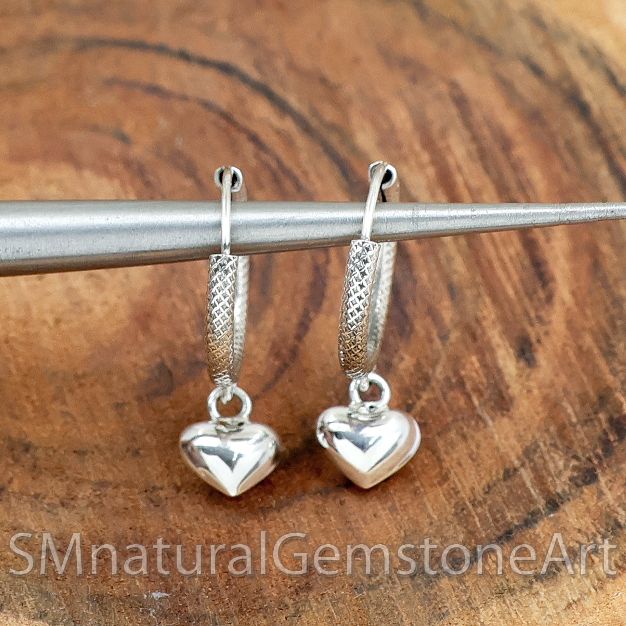 Sterling Silver Heart Charm Hoop Earrings: Textured Dangle