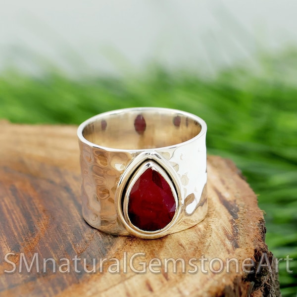 Indian Ruby Sterling Silver Ring: Hammered Wide Band, Statement Jewelry
