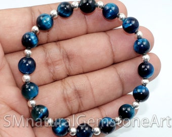 Blue Tiger Eye 925 Sterling Silver Beaded Stretch Bracelet