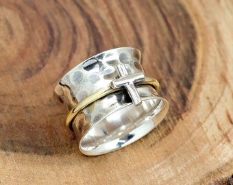 Sterling Silber Kreuz Spinner Ring: Gehämmert Zweifarbiges breites Band