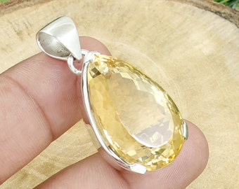 Handmade Pear Citrine Pendant: 925 Sterling Silver Prong Setting