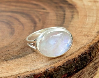Rainbow Moonstone Sterling Silver Ring: Handmade Bohemian Statement Jewelry