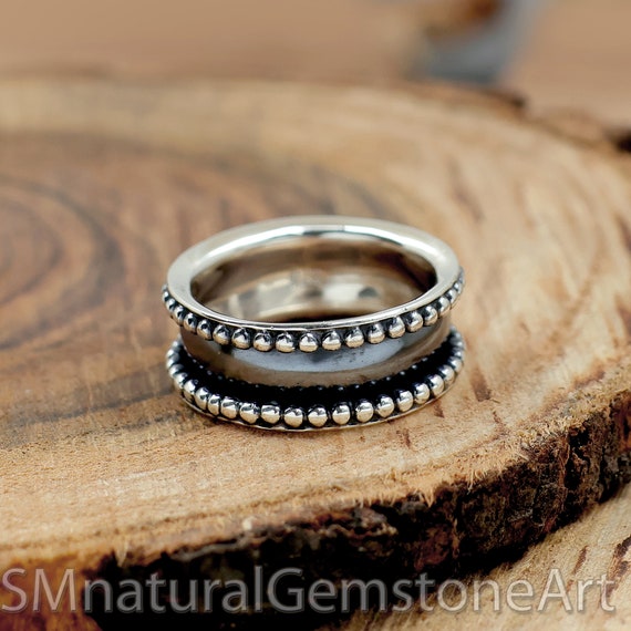 アクセサリー Vintage Silver Beaded Multi-Band Ring Oxidized Sterling Silver Wide Band Ring: Beaded Unisex Statement