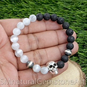 Skull Charm Bracelet: Selenite & Lava Stone Beads, Sterling Silver