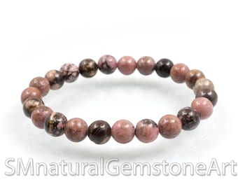 Natural Rhodonite Beaded Bracelet: Unisex Gemstone Stretch Bracelet