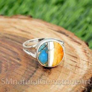 Oyster Copper Turquoise Ring: Round Sterling Silver Split Band