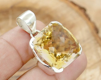 Handmade Cushion Cut Citrine Pendant: 925 Sterling Silver Prong Setting