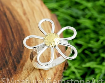 Two-Tone Flower Statement Ring: 925 Sterling Silver Natural Ring