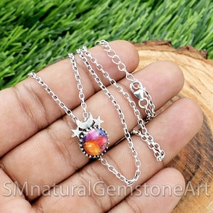 Kingman Pink Dahlia Turquoise Sterling Silver Necklace: Moon & Star Charm