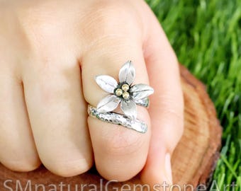 Two-Tone Plumeria Flower Ring: Sterling Silver Statement Ring