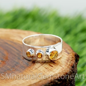 Handmade Citrine & Sterling Silver Three Stone Ring - 8mm Wide