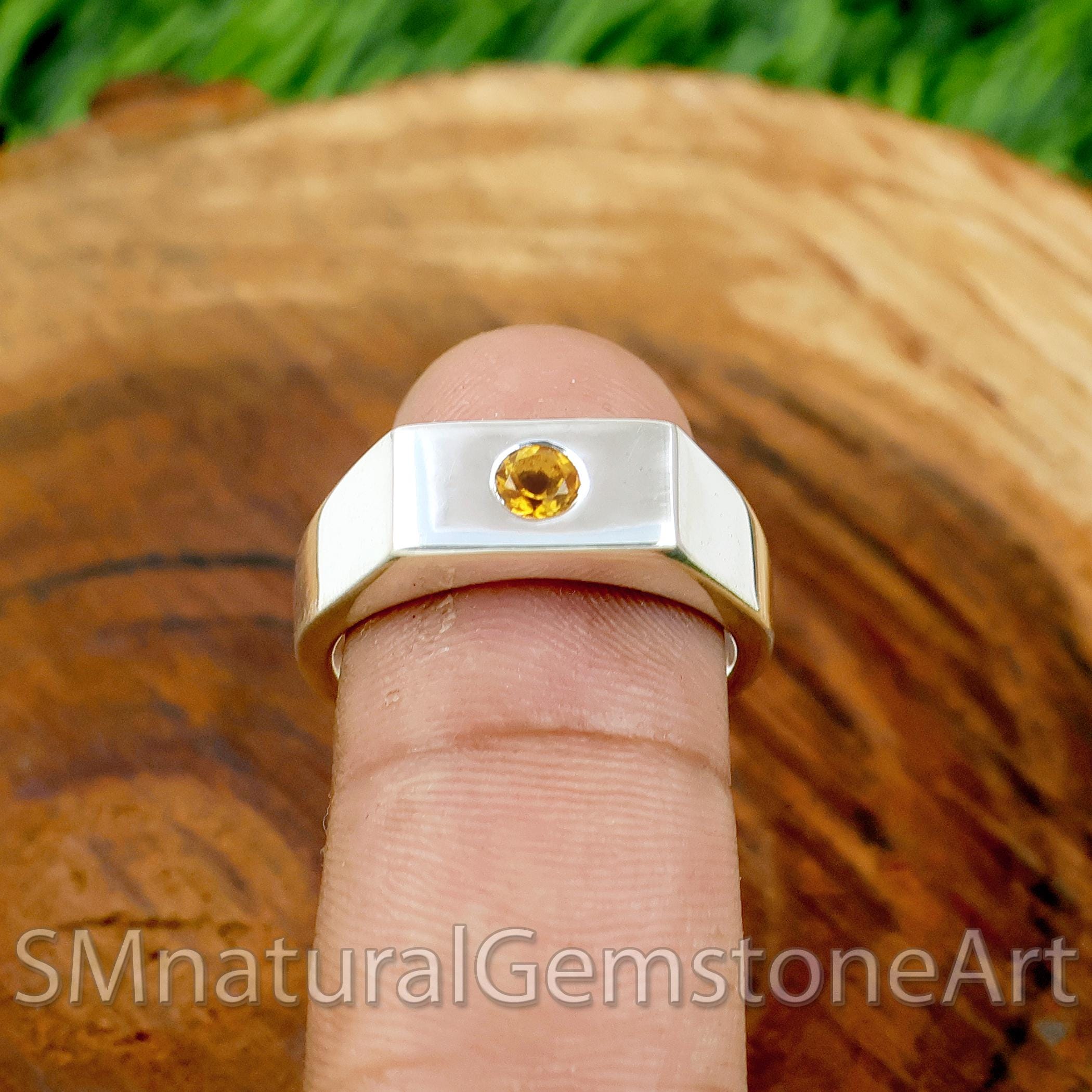 Handmade Citrine Signet Ring: Sterling Silver Rectangle Bar  NEW script stone and citrine stainless steel ring size 8 main image 0