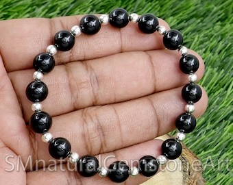 Black Onyx 925 Sterling Silver Beaded Stretch Bracelet