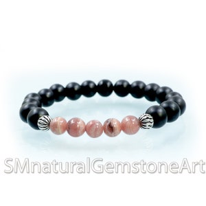 Rhodochrosite & Matte Black Onyx Beaded Stretch Bracelet