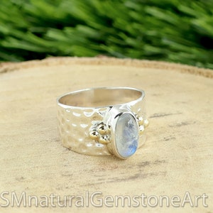 Natural Moonstone Ring, 925 Sterling Silver Ring, Two Tone Ring, Wide Band Ring, Hammered Ring, Dainty Ring, Handmade Ring, Gift for Her