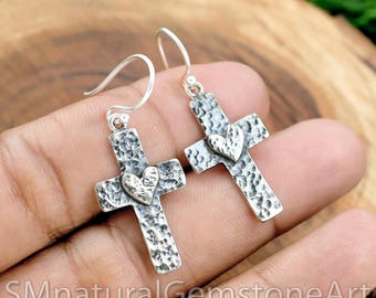Sterling Silver Heart Cross Dangle Earrings: Religious Statement Jewelry