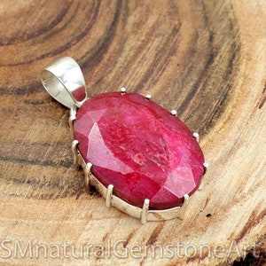Handmade Indian Ruby Pendant: Oval 925 Sterling Silver Bohemian Jewelry