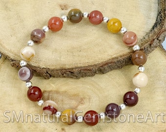 Mookaite Jasper with 925 Sterling Silver Beaded Bracelet, Mookaite Jasper Stretch Bracelet, Healing Beads Bracelet, Unisex Beads Bracelet