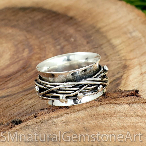 Sterling Silver Wraparound Spinner Ring: 12mm Wide Band, Meditation Ring